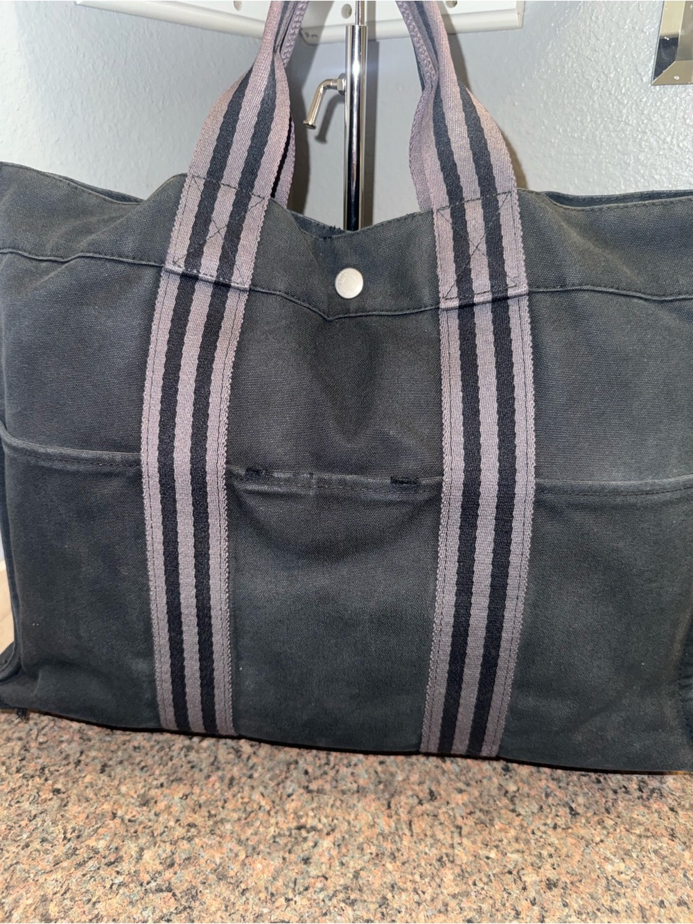 Hermes Black Canvas Tote with Striped Webbing Handles pre loved - Picture 2 of 9